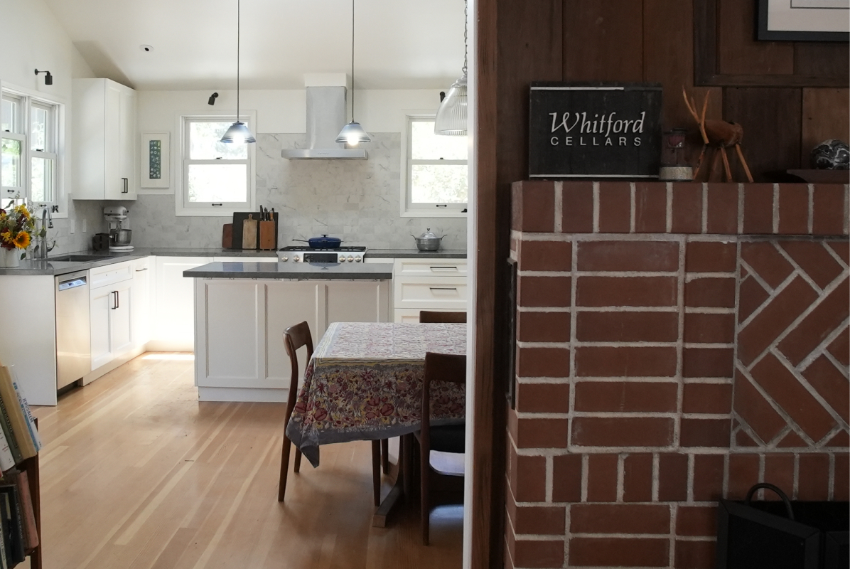 Calistoga Family Compound Restored Cabin Interior, Kitchen with Original Brick Fireplace