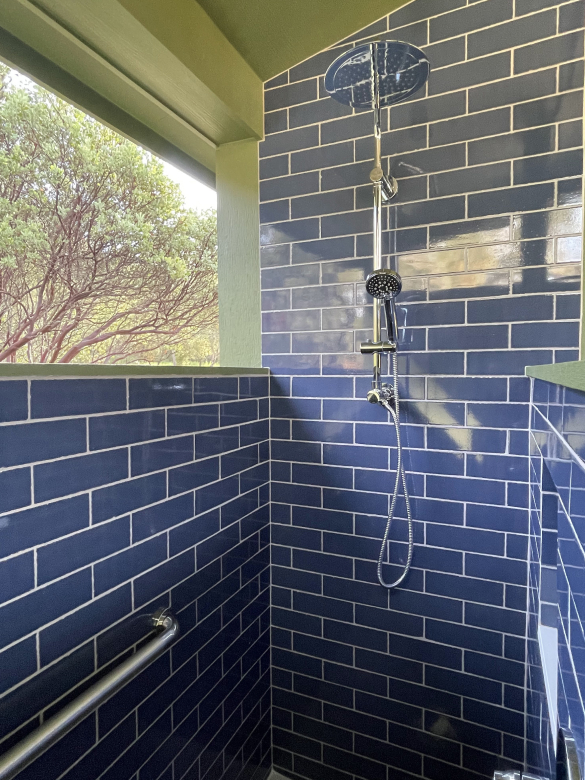 Calistoga Family Compound Poolhouse Shower with Brilliant Blue Tiling 